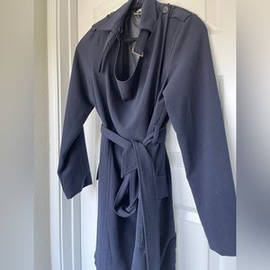 Double Zero navy jacket Coat Trench Sz S Blue Drape Front, Buckle Detail Belted